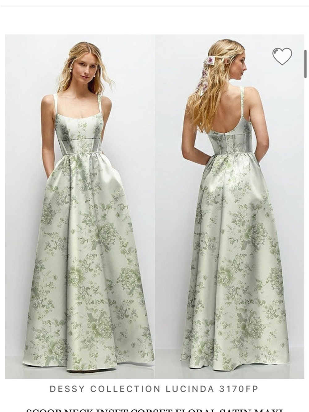 Dessy Collection Floral Satin Maxi Dress in Light Green and Ivory